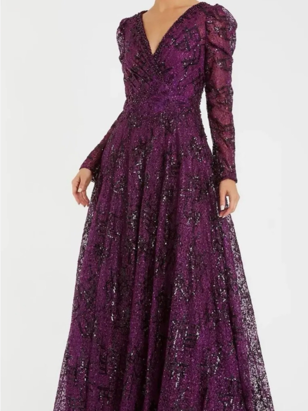 Mac Duggal Plum Sequin Long-Sleeve Lace Evening Gown